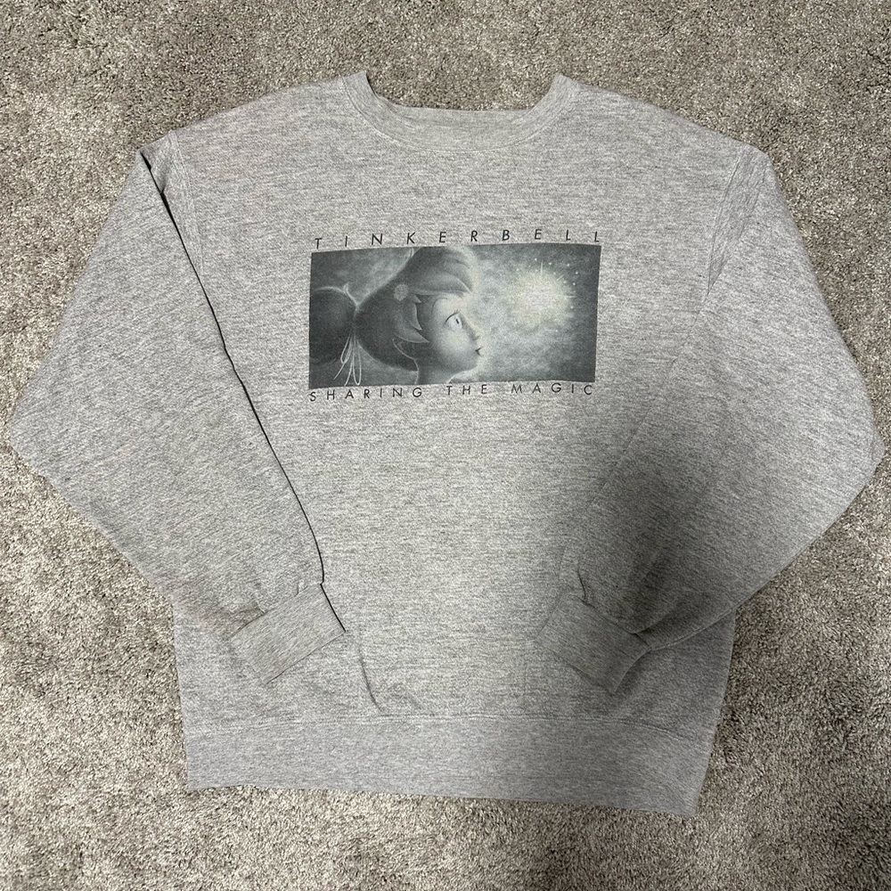 The Disney Store Grey (Gray) Screenprinted Tinkerbell Crewneck Sweatshirt Size L